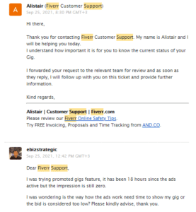 Asking Fiverr customer support